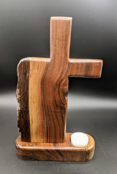 Black walnut waterfall cross with candle